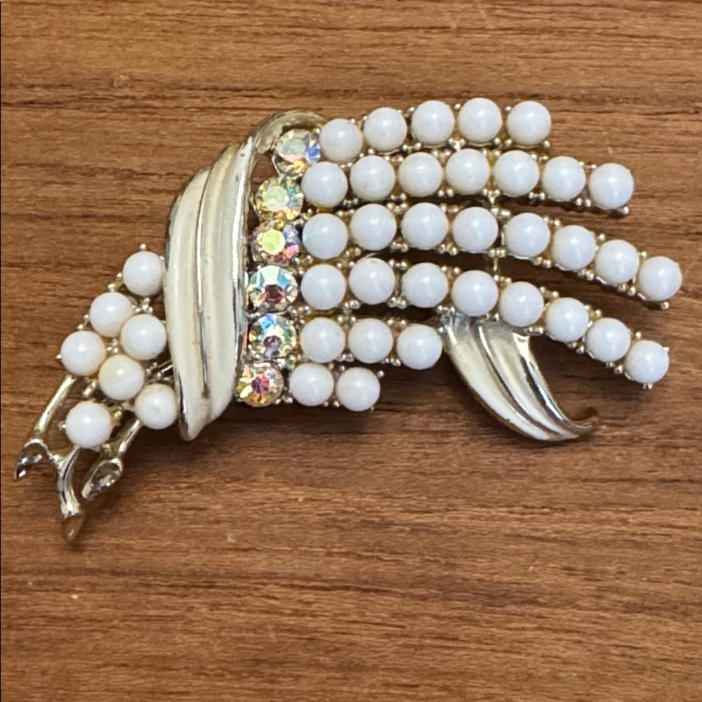 Vintage Whited Beaded Brooch w AB Rhinestones